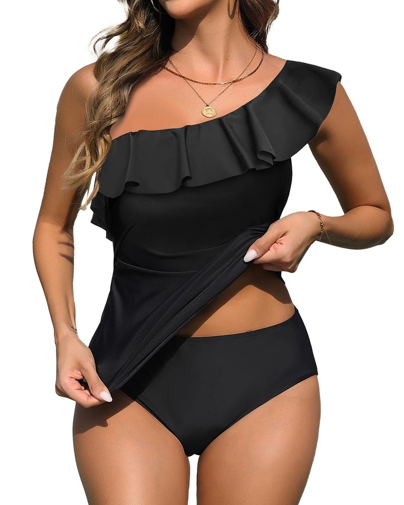 Yonique Women's Two Piece Swimsuits One Shoulder Tankini Tummy Control Bathing Suits Ruffle Swimwear Black L - Image 1